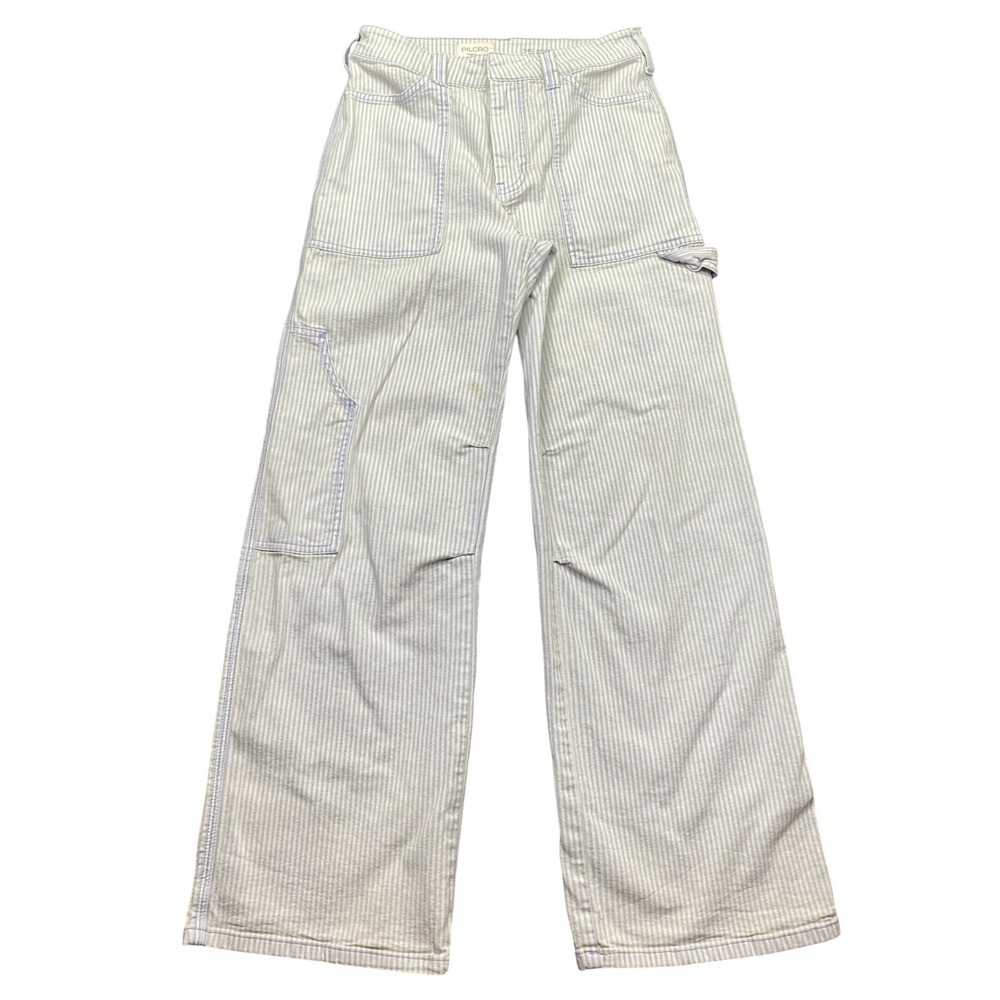 Pilcro Anthropologie Blue White Striped Carpenter Wide Leg Pants 25 OB1660796